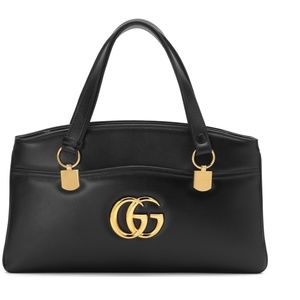New Authentic Gucci Large GG Leather Top Handle Bag Black Gold